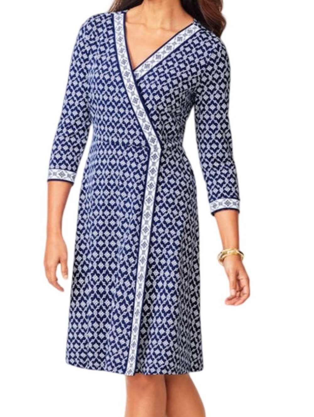 TALBOTS Navy White Geo Faux Wrap Dress XS 3/4 Sleeve V-Neck Jersey Knit Office